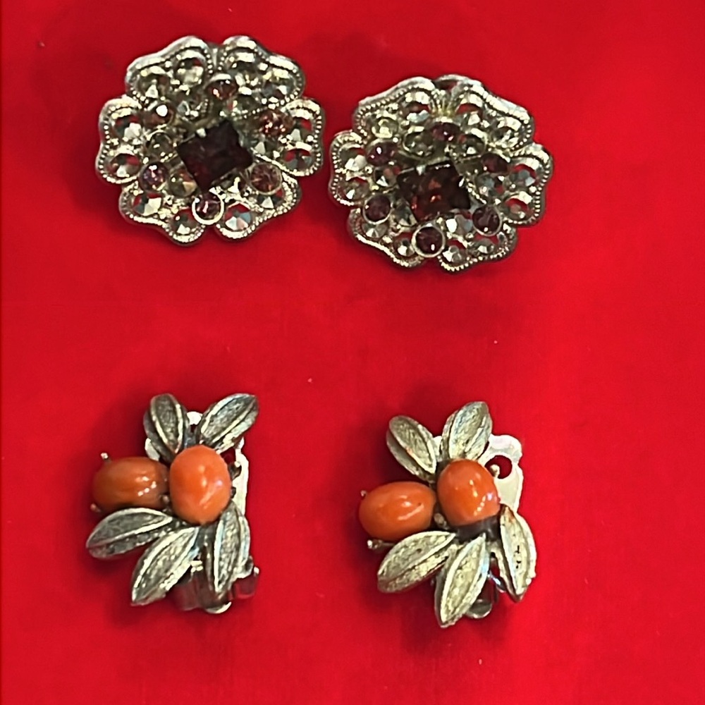 Coro Clip On Earring & a pair of screw back amethyst colored earrings. Set of 2